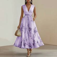 Women's Floral Print Maxi Dress Sleeveless Deep V Neck Pleated A Line Dress Elegant Evening Party Formal Wedding Guest Dresses - 藍色 - 查看 11