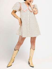 Women's Polka Dot Dress Ruffled Collar Short Puff Sleeve Button Front A-Line Mini Dress For Retro Casual Outfits - 杏色 - 查看 5