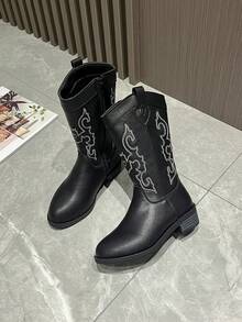 Kids Embroidered Western Style Cowboy Boots, Unisex Fashion Mid-Calf Boots, Vintage Riding Boots, Versatile - Black - View 11