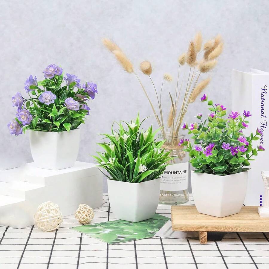 4 Stücke/1 Stück Mini Künstliche Pflanzen, Künstliche Pflanzen mit Blumen, geeignet für Zuhause, Zimmer, Büro, Bauernhaus, Badezimmer, Schreibtisch, Innenraum Dekoration, Hochzeit, Party, Frühlingsdekoration - Verschiedenfarbig - Übersicht 1