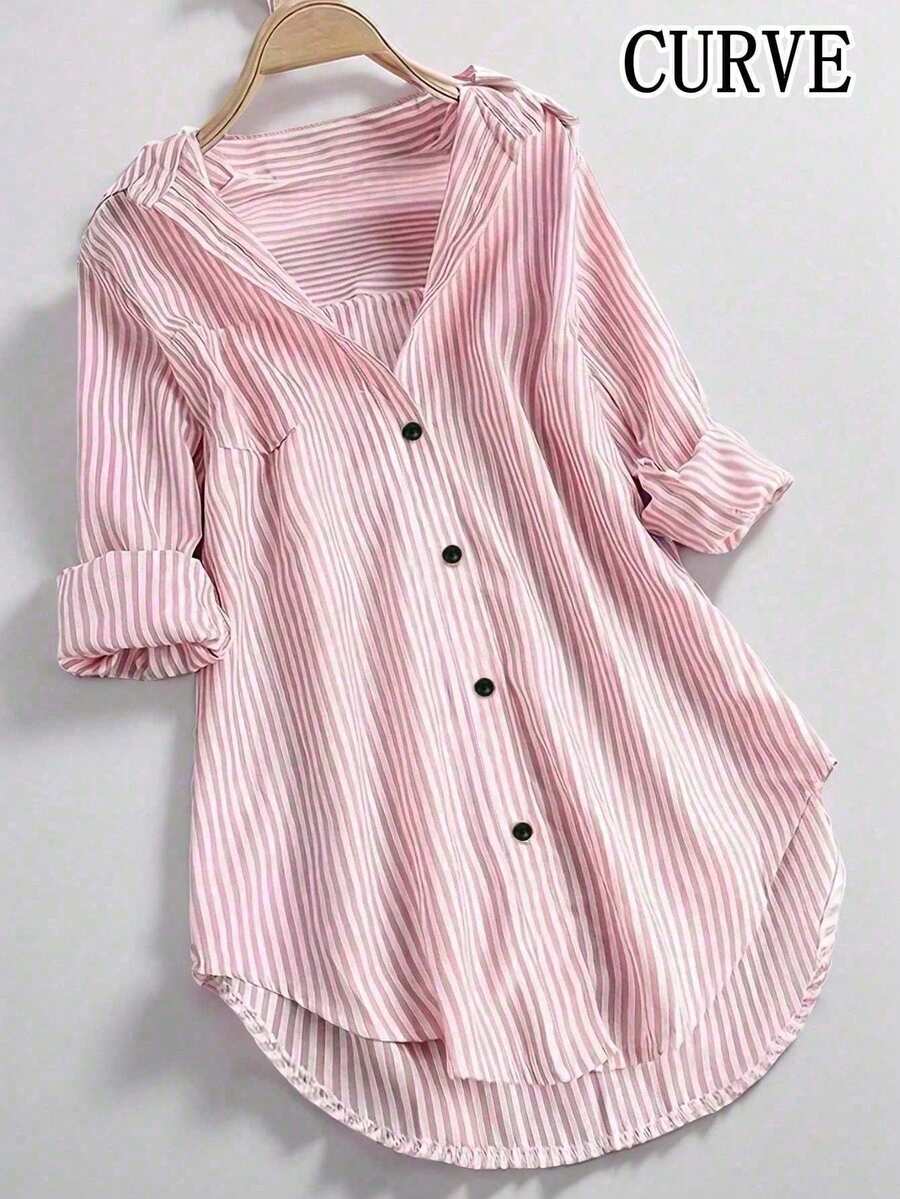 Plus Size Women Striped Long Sleeve Collared Button-Up Shirt, Autumn - Pink - View 1