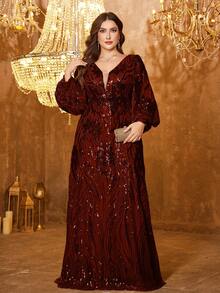 UNITHORSE V领长袖奢华亮片装饰修身鸡尾酒会礼服 - 紅木色 - 查看 3