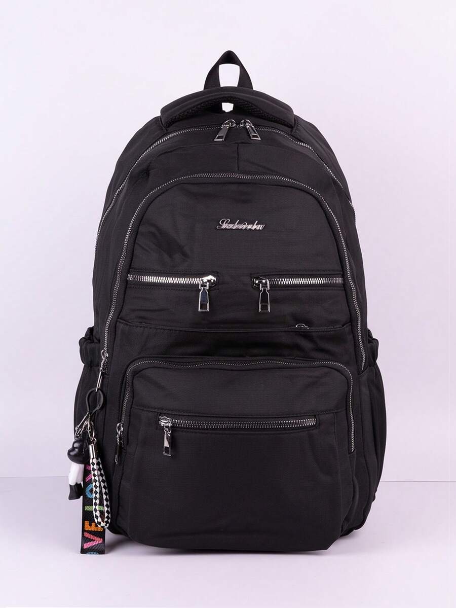 Large Capacity Solid Color Casual Nylon Backpack With Keychain For Travel And School - màu đen - Xem 1