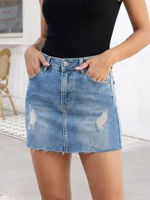 女士休闲做旧牛仔迷你裙，带口袋，中等弹力，直筒版型，夏季款 - 藍色 - 查看 1