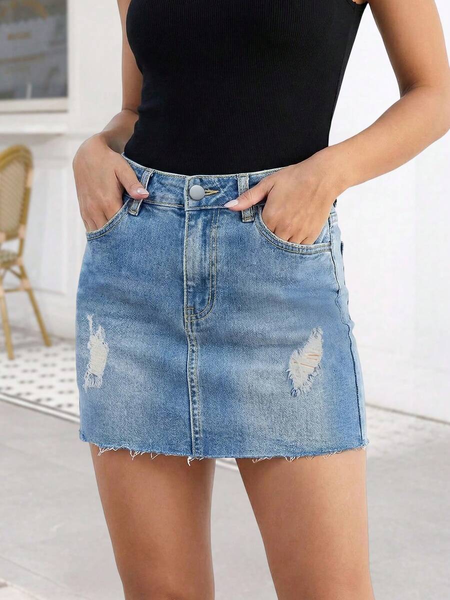 女士休闲做旧牛仔迷你裙，带口袋，中等弹力，直筒版型，夏季款 - 藍色 - 查看 1