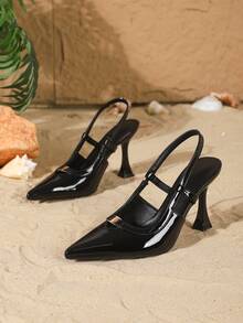 Giày cao gót mũi nhọn cao 9cm, kiểu dáng thanh lịch, quai hậu với khóa kim loại rỗng, chất liệu PU tráng gương, màu đen, đa năng cho mặc hàng ngày, dự tiệc và công sở. - màu đen - Xem 6