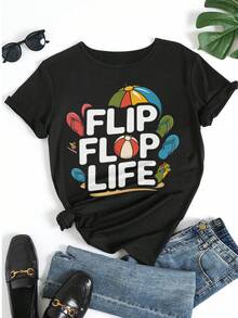 Women's Casual Short Sleeve T - Shirt Featuring "Flip Flop Life" Graphic With Beach Elements Like Flip Flops, Beach Ball & Umbrella, Summer Vacation Loose Fit Crew Neck Tee Top - Black - View 5