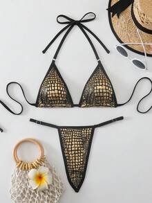 女士几何图案金属光泽优雅性感露背系带比基尼套装，适合海滩和度假 - 金色 - 查看 10