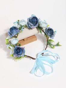 1件甜美花环头饰，人造花冠头饰，婚礼发饰 - 霧霾藍 - 查看 5