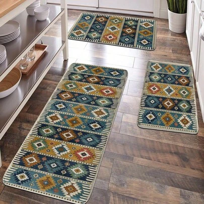 1pc Soft Plush Geometric Pattern Bohemian Style Bathroom Mat, Kitchen Rug, Doormat, Comfortable Surface, Anti-Fatigue Floor Mat For Home, Bathroom, Kitchen Decor