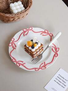 1pc Ceramic Plate With Butterfly Ribbon Decor, Elegant Pink Butterfly Salad/Dessert Plate, Suitable For Home Dining, Restaurant Dessert Display, Gift, Holiday Decoration