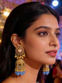 Elegant Vintage Exotic Style Earrings, Golden Bell Pendant, Hollow Pendant Design, Inlaid Crystal, Suitable For Women's Daily Wear - Jhumka - View 2