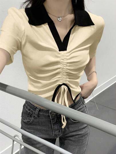 Women's Casual Contrast Color Drawstring Short Sleeve T-Shirt, Summer