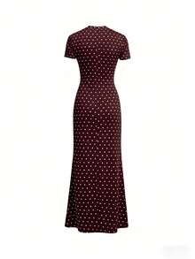Damen Kaffeefarbe Polka Punkt Kurzarm Rundhals Fischschwanz Saum Kleid, Kaffeefarbe Basis Weiß Polka Punkt Kleid, figurbetontes Lässig Kleid, elegant und vielseitig, geeignet für den täglichen Gebrauch, Pendeln, Party, Bankett, Frühlings- und Sommertragen, auch geeignet für Pendeln, Date, Party, Abschlussfeier, Aufführung, Arbeit, Jahrestag, Geburtstag und andere Anlässe, eine ideale Wahl für Damen Lässig Kleid. - Braun - Übersicht 4