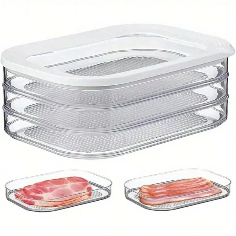 Washable Refrigerator Storage Containers With Lids, Kitchen Fridge Organizer Boxes, Leak-Proof 3-Layer Food Storage Containers With Lids - Ideal For Ham, Turkey And Pickles - Plastic, Kitchen Essentials