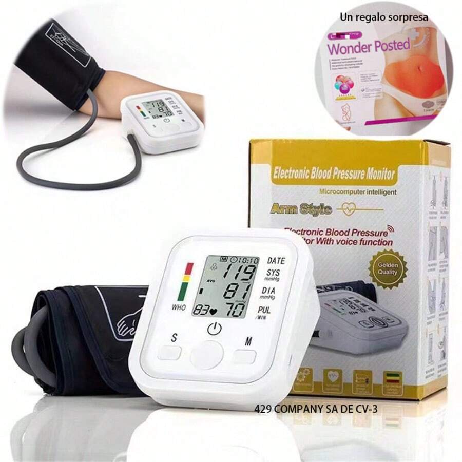 Digital LCD Blood Pressure Monitor For Arm, Cuff Blood Pressure Monitor, Maumanometer, Mexican Speech Function, Portable Electronic Sphygmomanometer For Smart Users, Automatic: One-Click Measurement, No Inflatable Or Manual Auscultation, Reads Measurements Aloud (Systolic And Diastolic, Heart Rate), Easy To View, Indicates Abnormal Heartbeats, Supports Different Users, Backlit Screen Design, Large Print For Nighttime Viewing, Designed For Daily Family Monitoring. Includes Free Sport Fat Burning Patch - White - View 1