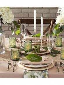 2个复古绿色玻璃烛台 - 精致优雅的茶蜡烛台，图案精美，适合节日派对装饰、婚礼餐桌摆设和节日餐桌装饰 - 綠色燭台 - 查看 2