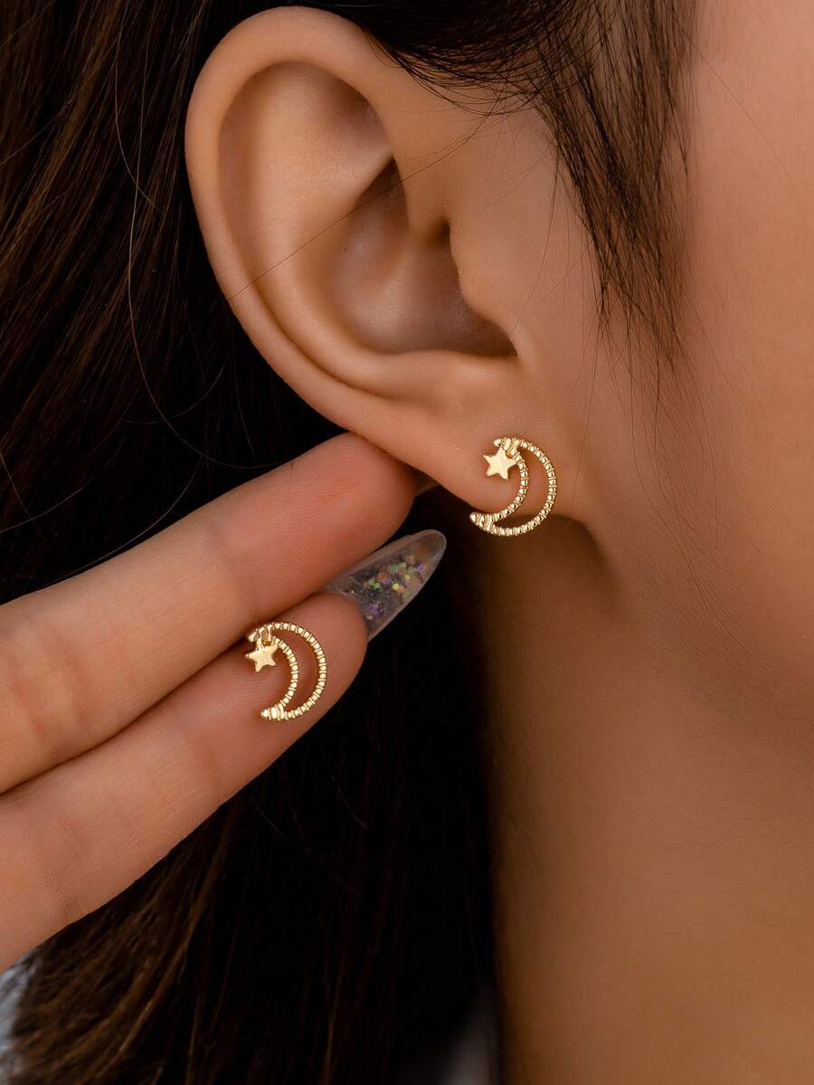 1 paire de boucles d'oreilles lune et étoile en cuivre, boucles d'oreilles lune minimalistes, boucles d'oreilles croissant de lune du Moyen-Orient, accessoires pour femmes - Doré - Voir 1