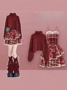 Red Turtleneck Sweater + Red Suspender Skirt