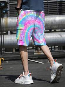 Stylish Men's Bottoms - Men's Cargo Shorts, Drawstring Waist Design, Versatile And Fashionable, Woven Non-Stretch Fabric, Machine Washable, Rainbow Tie-Dye Glitter Pattern, Suitable For Outdoor Sports, Casual Commuting. - Nhiều màu - Xem 5