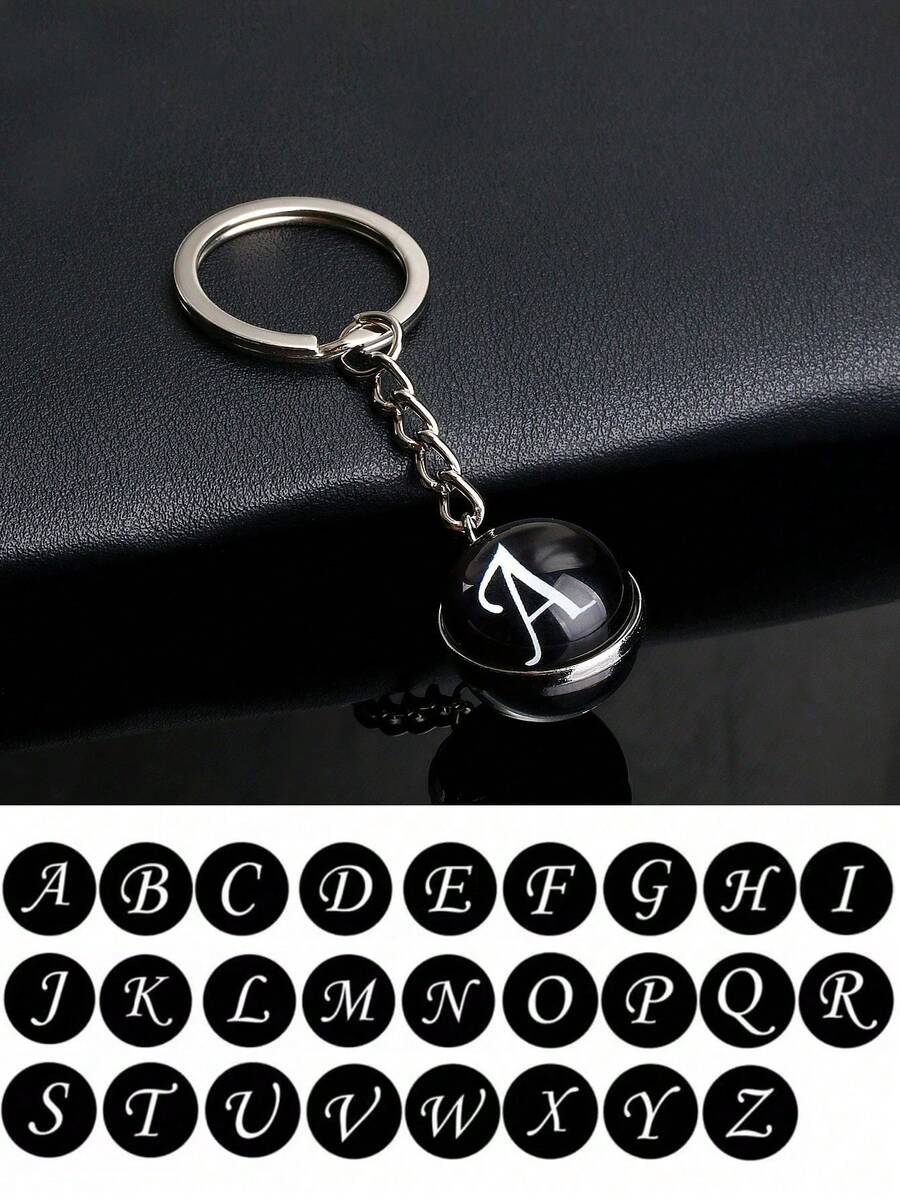 1pc 26 English Alphabet Time Gem Double-Sided Glass Ball Keychain Metal Key Chain Accessory Small Gift - Silver - View 1