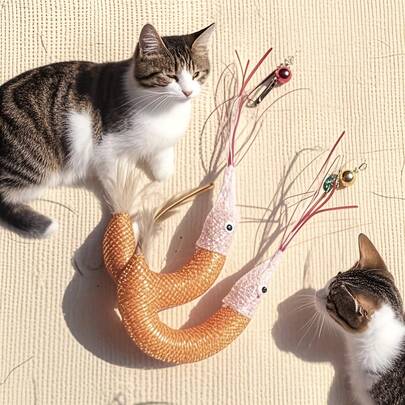 1pc Shrimp-Shaped Teeth Cleaning Chew Toy For Cats - Made Of Plastic, This Squeaky Toy Is Perfect For Pets' Entertainment. Features A Randomly Colored Bell, A Pleasant Fragrance, Replaceable Cat Teaser Head, Suitable For All Breeds And Sizes, No Batteries Required, Vibrant Artificial Feathers, And Is A Durable Toy.