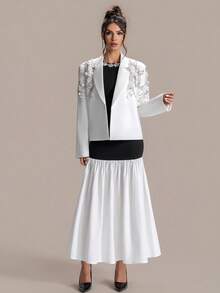Women's Black & White Contrast Rhinestone Collar Puff Sleeve Fishtail Dress, Retro Elegant Style - Black - View 6