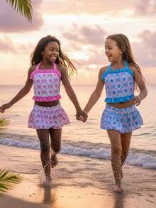 2Pcs Toddler Girl Swimsuit Set Sleeveless Halter Neck Starfish Bow Print Tops And Skirted Bikini Bottoms - 藍色 - 查看 5