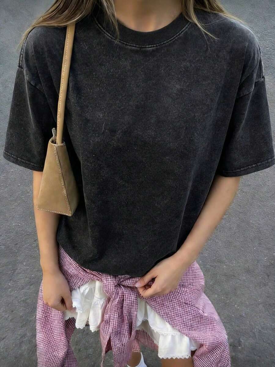 Áo thun cotton nữ phong cách Y2K cổ điển, kiểu dáng đường phố, thoải mái, cơ bản, tay ngắn, phong cách retro, cổ tròn, chất liệu đã qua xử lý. - màu đen - Xem 1