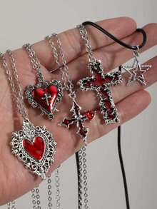 Bộ 5 chiếc/Bộ dây chuyền mặt hình thánh giá phong cách Gothic cổ điển, hoa hồng gai, thánh giá tan chảy, ngôi sao dành cho nữ - Bạc - Xem 3