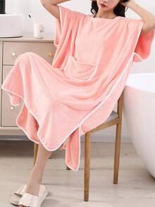 1pc Women's Soft Absorbent Hooded Sleeveless Solid Color Minimalist Oversized Bath Robe, Wearable Poncho For Bathing, Surfing, Changing Clothes, Beach, Swimming - Pink - View 4