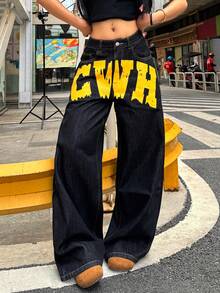 1件韩版街头风女式黑色阔腿牛仔裤，宽松印花休闲裤，四季皆宜的百搭牛仔裤（不含腰带/配饰）春季款 - 黑色 - 查看 10