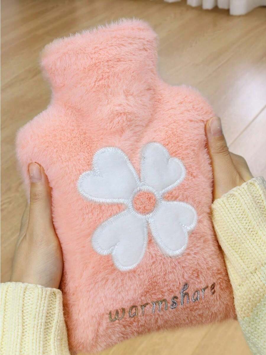 1pc Pink Floral Embroidered Plush Hot Water Bottle, Suitable For Warming Abdomen/Hands/Uterus (Please Note That Due To Different Batches, The Lines, Colors, And The Shape Of The Inner Plug May Vary Slightly. We Apologize For Any Inconvenience Caused.)