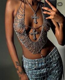 Glossmoon New Women's Nightclub Sexy Metal Tassel Chest Chain Rhinestone Cross Strap Bra Body Chain Fashion Jewelry Chain Beachwear - 銀色 - 查看 2