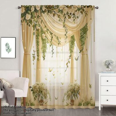 1 pieza Cortina de voile semitransparente 2D con enredaderas de rosas blancas y mariposas, estilo rústico elegante, diseño de bolsillo para barra, material de fibra de poliéster, adecuado para hogares de alquiler, sala de estar, cocina, dormitorio, panel de cortina decorativa extraíble y lavable a máquina para ventanas pequeñas