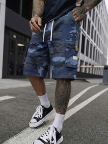 1pc Men's Blue Camouflage Multi-Pocket Shorts - Breathable Comfortable Fabric, American Streetwear Style Men's Shorts, Suitable For Daily Outings And Light Outdoor Activities - Blue - View 3