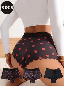 3条装女士无缝樱桃草莓图案波浪边优雅时尚内裤，弹力透气柔软三角裤 - 彩色 - 查看 1