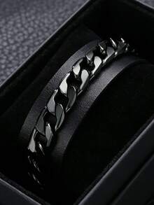 2pcs/Set Minimalist Casual Men's Quartz Watch Set, All-Black Design (Includes 1 Leather Strap Quartz Watch And 1 Black Chain Bracelet). Equipped With Multi-Function Chronograph Dial.