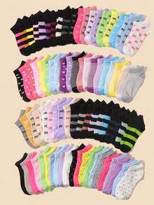 24双儿童柔软棉质腿套，混合爱心/蝴蝶结/条纹/格子/波点图案，透气弹力袜口，休闲日常上学玩耍腿套套装 - 彩色 - 查看 3