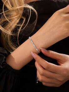 1条时尚简约嘻哈闪亮锆石手链，适合日常佩戴和派对场合 - 銀色 - 查看 5