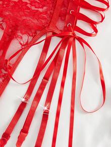 Bộ jumpsuit nữ gợi cảm màu đỏ xuyên thấu ren, lưng chéo, có gọng nâng ngực, điều chỉnh được. - Đỏ - Xem 4