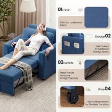 3 In 1 Convertible Single Sofa Bed With Adjustable Backrest, Pull Out Linen Single Sleeper Chair Bed With Pockets For Living Room, Micro Suede Fabric, Blue - Blue - Single - View 3