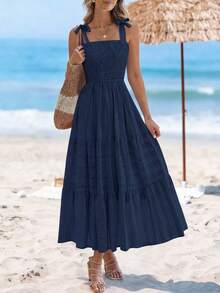 Women Summer Sleeveless Tie Shoulder Strap Smocked High Waist A-Line Long Maxi Dress Boho Beach Holiday Vacation Valentine Sundress With Pockets - 藏蓝色 - 查看 6