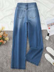 Relaxed Silhouette Trousers, With Exquisite Pocket Accents, Soft Enough For Extended Wear, Suitable For Spring And Autumn, Fits Multiple Casual Scenarios, Effortlessly Pairs With Different Tops, A Must-Have For Comfortable Daily Styles   /New Style Women's Denim Wide-Leg Long Trousers, High-Quality Fashion Casual Pants, Comfortable And Well-Fitted, Four-Season Style For Daily Fashion Outfits - 藍色 - 查看 5