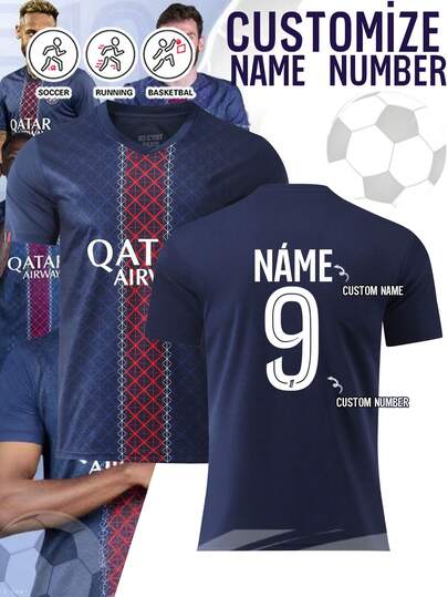 1pc Paris Football Jersey, Personalized Football Uniform, Men's Sports Suit, Sports Set, Men's Running Suit, Summer Men's Set, Men's T-Shirt Set, Football Jersey, Personalized Football Jersey, Football Jersey With Number Printing, Suitable For Daily Wear, Football, Badminton, Basketball, Cycling