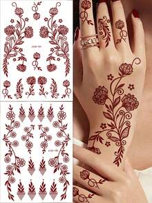 1 pieza Tatuaje de henna, exclusivo para mujeres, pegatina de tatuaje temporal de un solo uso para manos y Body, pegatina de henna realista resistente al agua - Burdeos - Ver 1