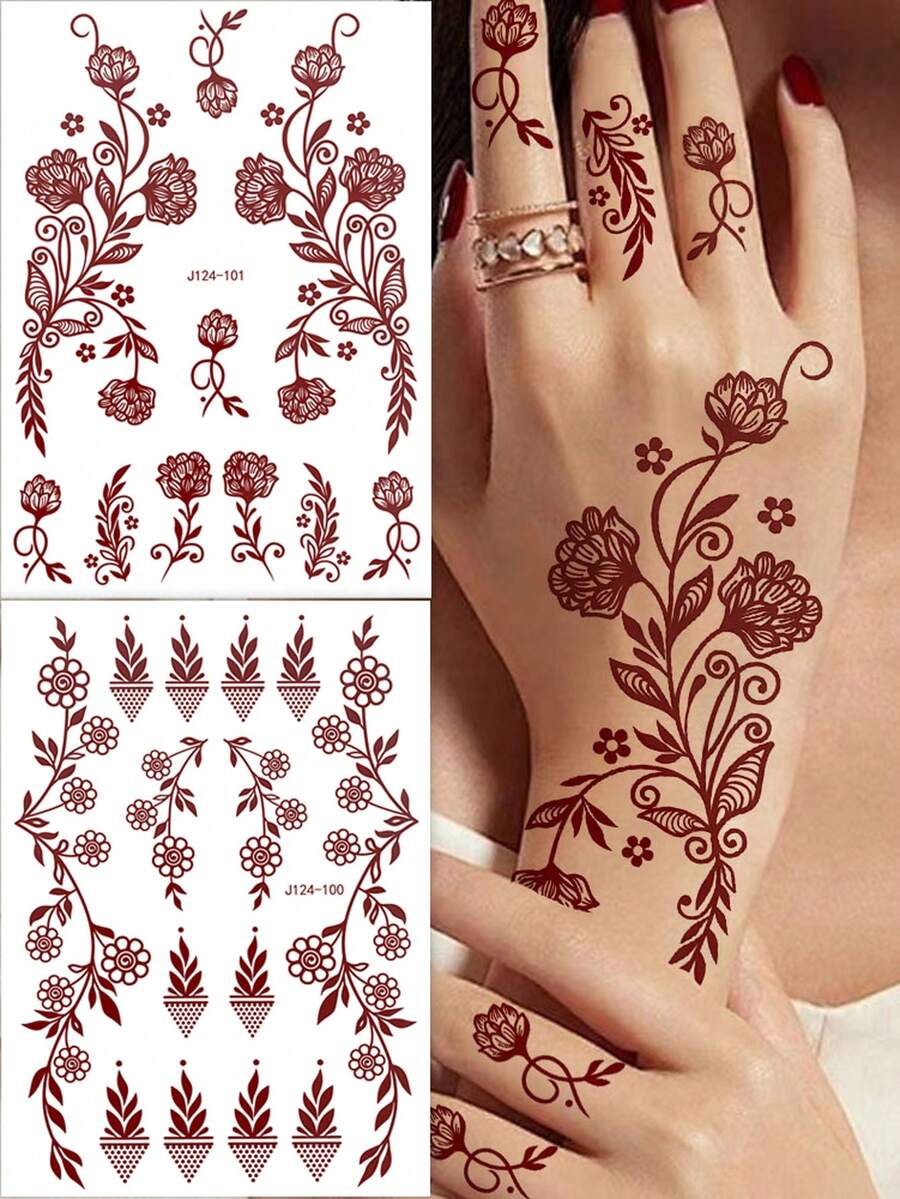 1 pieza Tatuaje de henna, exclusivo para mujeres, pegatina de tatuaje temporal de un solo uso para manos y Body, pegatina de henna realista resistente al agua - Burdeos - Ver 1