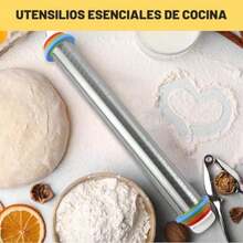 Rodillo de Masa Ajustable de Acero Inoxidable, Juego de Rodillo y Alfombrillas de Silicona para Repostería con 4 Anillos Intercambiables y Tapete de Silicona, para Pizza, Galletas y Repostería(default) - Multicolor - Ver 8