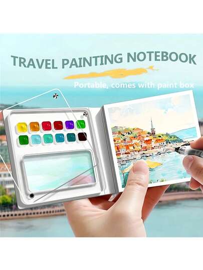 1pc Portable Watercolour Sketchbook With Palette, Suitable For Travel Use, Contains 50 Sheets Of Paper, Comes With A Removable Palette Box And Medium-Weight Textured Paper, Suitable For Travel And Outdoor Art Projects (Paints Not Included), Outdoor Painting Equipment | Art Sketchbook | Cover, Watercolour Painting Supplies, Back-To-School Essentials