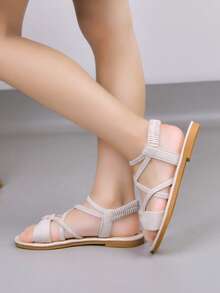 泰国手工编织凉鞋，女童鞋，天然橡胶波西米亚风夏季户外沙滩鞋，防滑 - 米色 - 查看 4